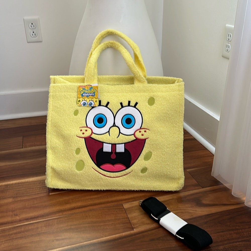 SPONGEBOB SQUAREPANTS YELLOW FUZXY EMBROIDERED FACE TRAVEL TOTE NWT